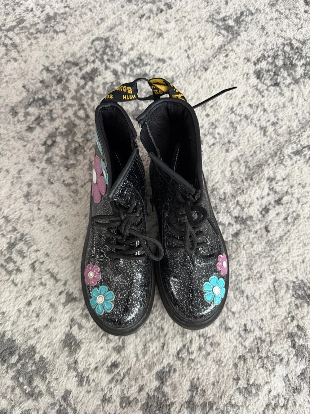 Doc Martens Black Glitter Floral Lace-Up Kids Boots with Pink & Teal Flowers